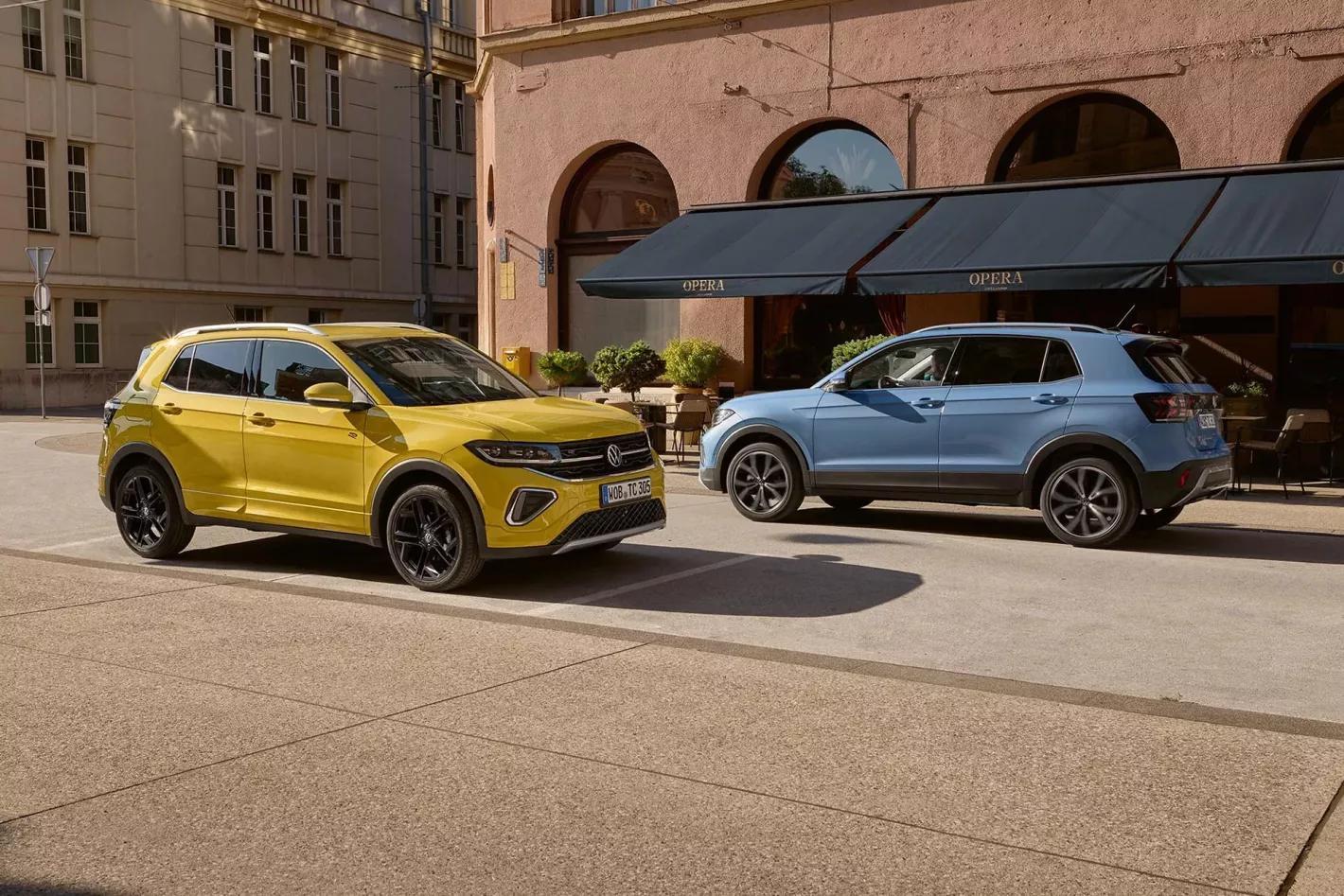 Gele en blauwe Volkswagen T-Cross